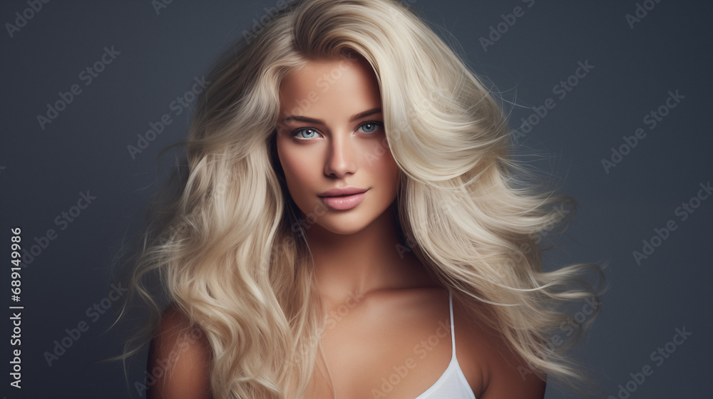 Beauty fashion portrait of young woman, waving blonde hairstyle, confident look, studio shot. AI generated Beauty fashion portrait of young woman, waving blonde hairstyle, confident look, studio shot. AI generated