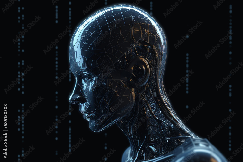 3d rendering humanoid robot talking on mobile phone on dark blue background 3d rendering humanoid robot talking on mobile phone on dark blue background