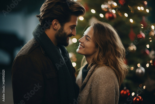 Young excited couple celebrating new year christmas fair atmosphere night Generative AI portrait