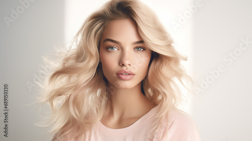 Beauty fashion portrait of young woman, waving blonde hairstyle, confident look, studio shot. AI generated