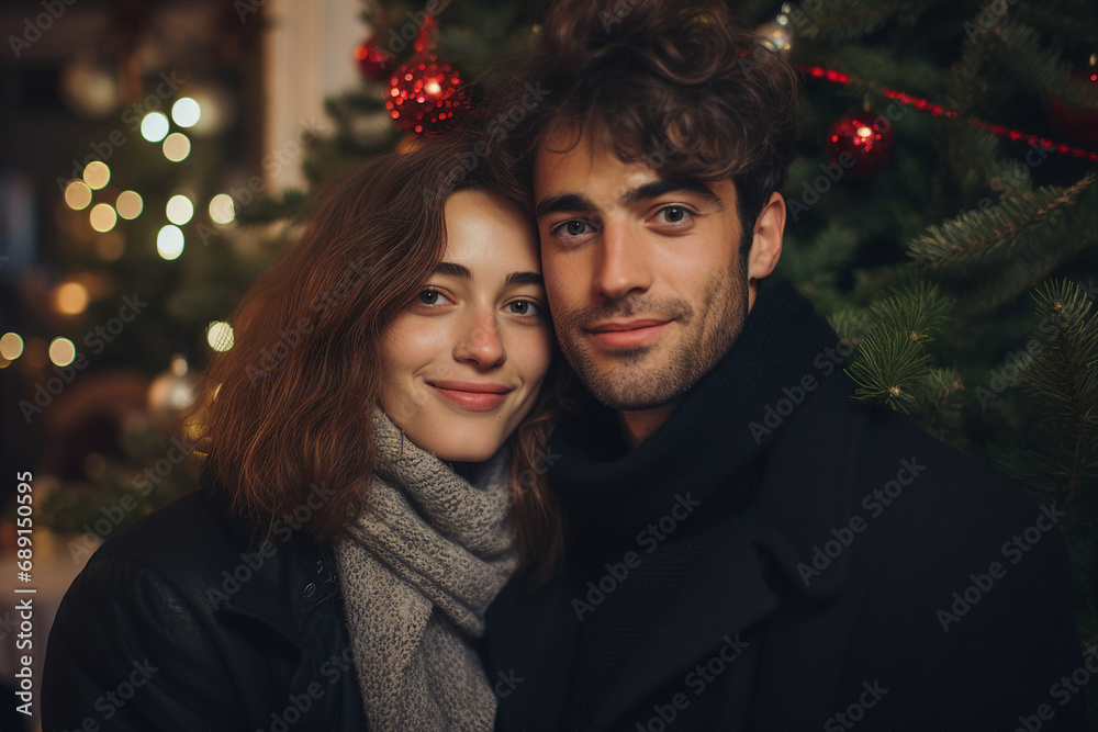 Young excited couple celebrating new year christmas fair atmosphere night Generative AI portrait