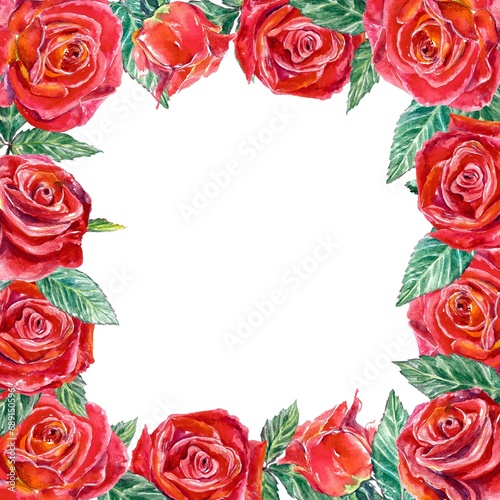 Square frame of red roses. Watercolor illustration isolated on white background. Greeting cards  wedding invitations  Valentines day  covers.