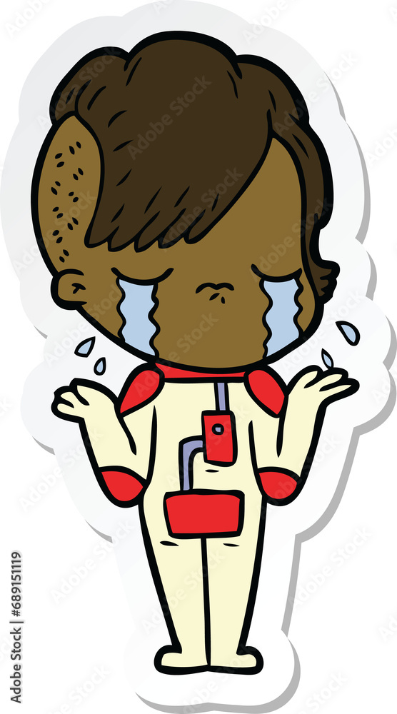 sticker of a cartoon crying girl wearing space clothes sticker of a cartoon crying girl wearing space clothes