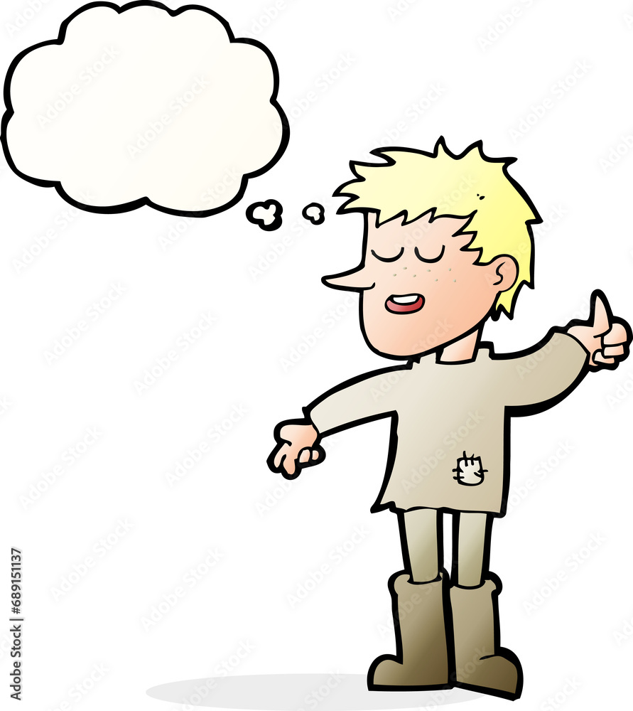 cartoon poor boy with positive attitude with thought bubble cartoon poor boy with positive attitude with thought bubble
