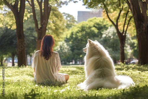 Sitting woman and samoyed dog alone in a shady park and garden tree lawn green leaves. Take your dog outside for exercise, defecating. walk with your dog to relieve loneliness. love animals pet dogs. photo