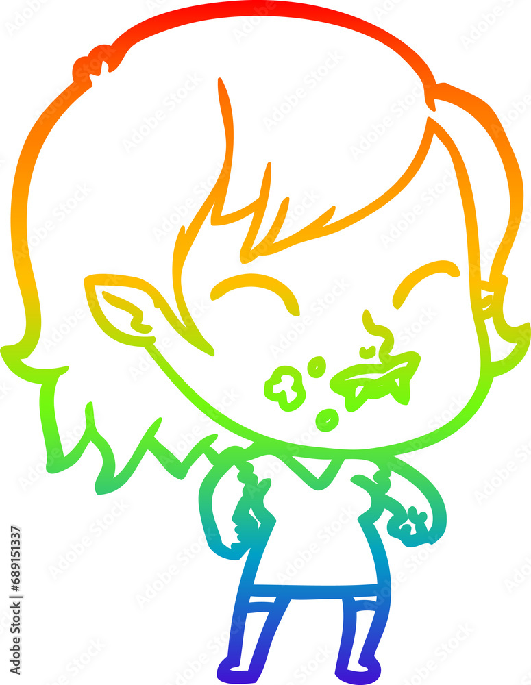 rainbow gradient line drawing of a cartoon vampire girl with blood on cheek rainbow gradient line drawing of a cartoon vampire girl with blood on cheek