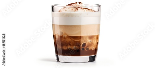 Isolated mocha coffee in glass on white with path Copy space image Place for adding text or design photo