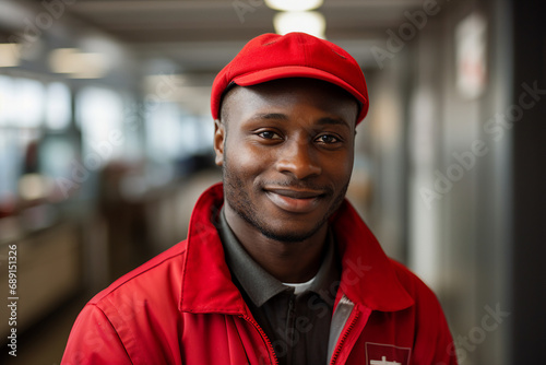 Made with generative AI technology image of black man in uniform working as postman in the warehouse
