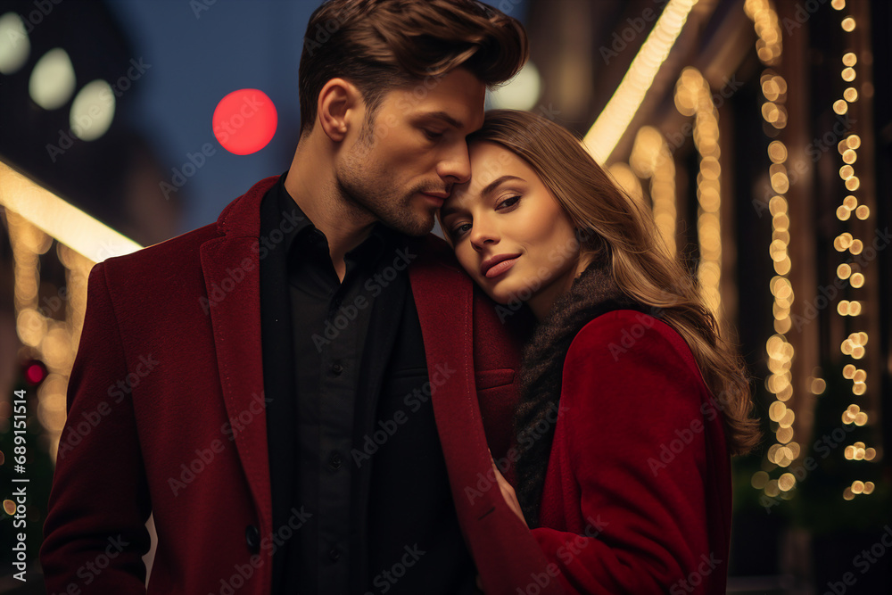 Generative AI portrait of young stunning woman handsome man couple traveling  winter time abroad city