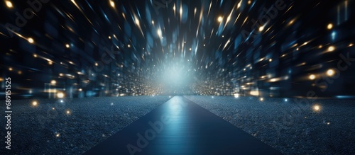 Luxury modern blue carpet entry with spotlights golden falling particles shimmer for show recognition award night Copy space image Place for adding text or design photo