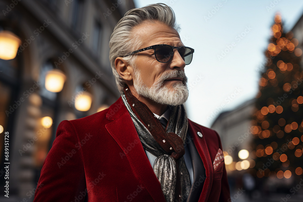 Generative AI portrait of senior handsome man businessman traveling winter time city christmas corporate meeting Generative AI portrait of senior handsome man businessman traveling winter time city christmas corporate meeting