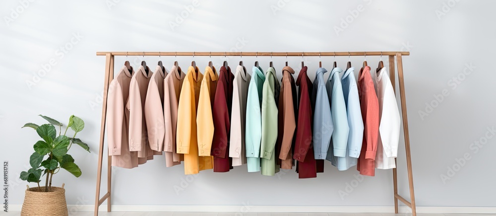 Colorful women s clothing on hangers by a white wall Concept of fashion retail with space for text Copy space image Place for adding text or design