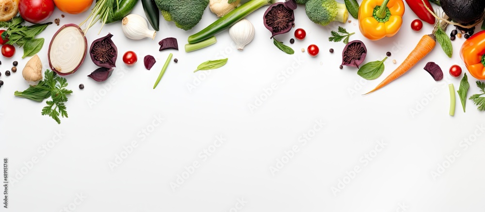 Celebrating plant based diet concept with fresh produce on white background Copy space image Place for adding text or design