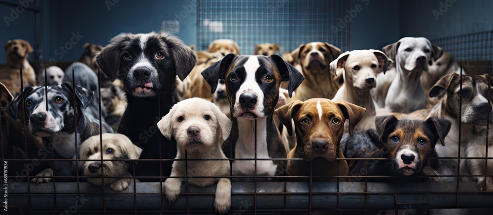 Overcrowded animal shelter with multiple dogs waiting to be rescued pleading for help Copy space image Place for adding text or design - obrazy, fototapety, plakaty 