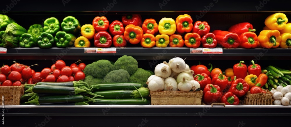Organic fruits and vegetables displayed in markets Promoting healthy food choices and nutritious produce Copy space image Place for adding text or design