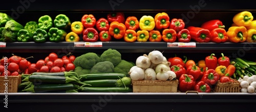 Organic fruits and vegetables displayed in markets Promoting healthy food choices and nutritious produce Copy space image Place for adding text or design