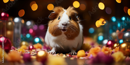 Süßes Meerschweinchen mit bunten Hintergund und Bokeh für Poster im Querformat für Banner, ai generativ