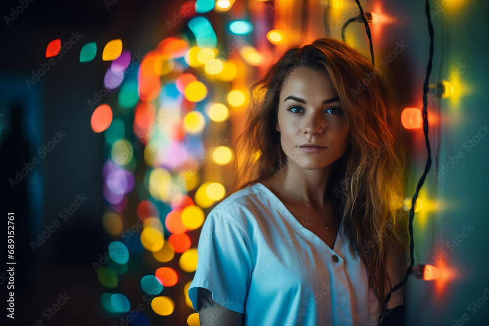 Generative AI picture of beautiful woman standing in hospital decorated for christmas and new year holidays Generative AI picture of beautiful woman standing in hospital decorated for christmas and new year holidays