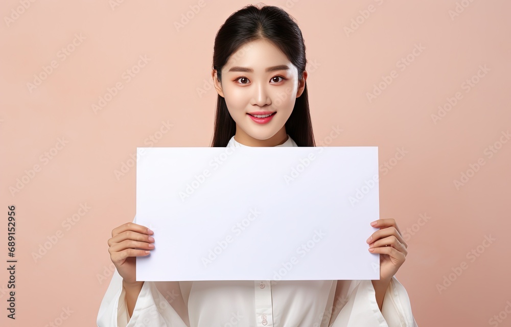smiling Asian woman hold empty blank white paper, mockup poster and sign idea, Generative Ai smiling Asian woman hold empty blank white paper, mockup poster and sign idea, Generative Ai