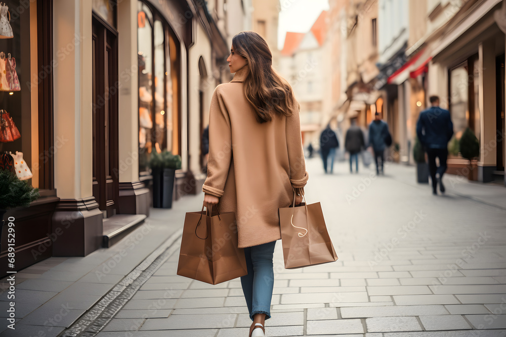 A woman holding a lot of shopping bags and smiling