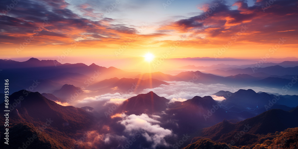 Fototapeta premium Amazing landscape of sun rise from the top of mountain
