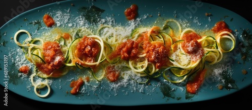 Parmesan cheese red sauce dehydrated pepperoni on zucchini spaghetti Copy space image Place for adding text or design