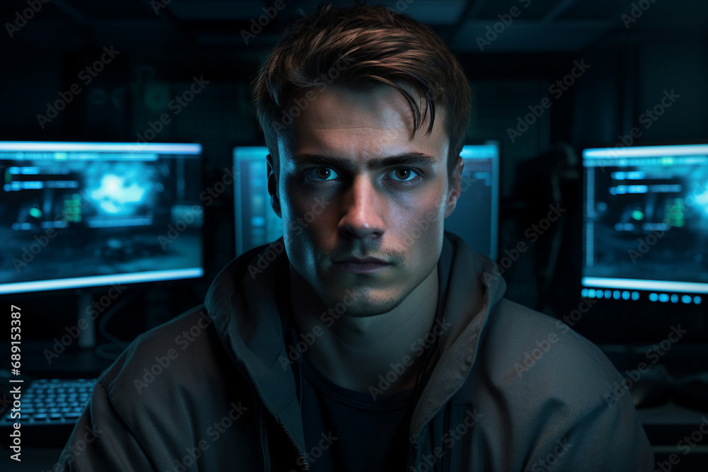 Generative AI portrait of cyberpunk system administrator programmer hacker person Generative AI portrait of cyberpunk system administrator programmer hacker person