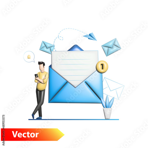 A tiny man and a large open envelope with a letter. 3D guy with a smartphone reads a message, SMS on social networks, the Internet. Communication, correspondence by email with bell notification. Post.