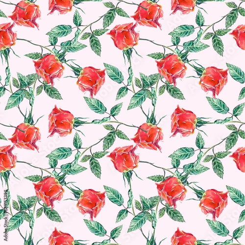 Seamless pattern of red rose buds. Watercolor illustration on a pink background. Cards  wedding invitations  wrapping paper  wallpaper  textiles.