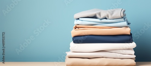 Clean clothes stacked on a ...