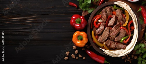 Colorful bell peppers tortilla bread and sauces accompany beef Fajitas cooked in a pan Copy space image Place for adding text or design