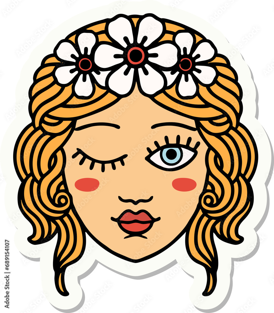 sticker of tattoo in traditional style of a maidens face winking sticker of tattoo in traditional style of a maidens face winking