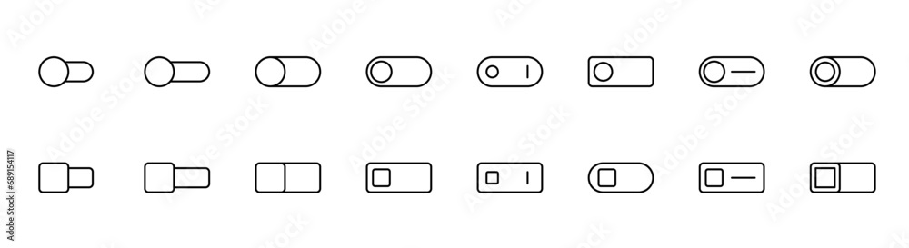 Set of toggle icons. Toggle switch line icon. Switch on and off slider. Power slider collection. Turn off switcher. Line toggle icon set. Editable stroke. Vector illustration. Set of toggle icons. Toggle switch line icon. Switch on and off slider. Power slider collection. Turn off switcher. Line toggle icon set. Editable stroke. Vector illustration.