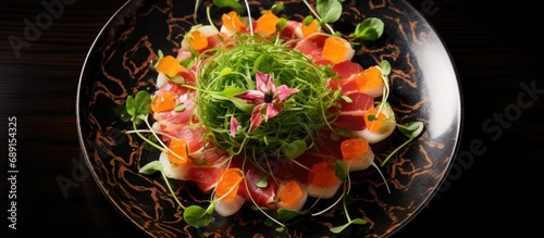 Green round plate with raw ...