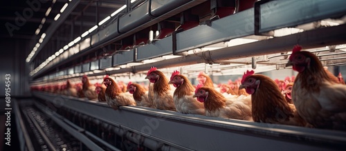 Multilevel production line for battery cage layer chickens with conveyor system for egg production in poultry farm housing Copy space image Place for adding text or design photo