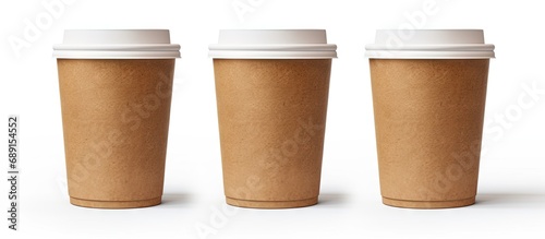 Mockup collection of coffee packaging templates in medium sized take away craft cups isolated on a white background with clipping path Copy space image Place for adding text or design
