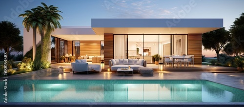 Contemporary poolside villa with outdoor scenery Copy space image Place for adding text or design © vxnaghiyev