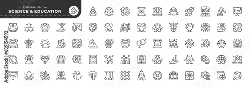 Set of line icons in linear style. Series - Science, education and research. Natural, applied, social, formal and life sciences. Outline icon collection. Conceptual pictogram and infographic.