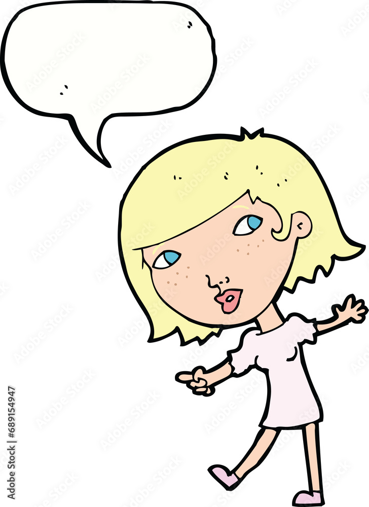 cartoon happy girl gesturing to follow with speech bubble cartoon happy girl gesturing to follow with speech bubble