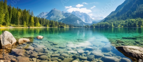 Gorgeous sunlit alpine highlands with majestic rock mountain backdrop and Hintersee lake in Bavarian Alps Germany Creative scenery Copy space image Place for adding text or design