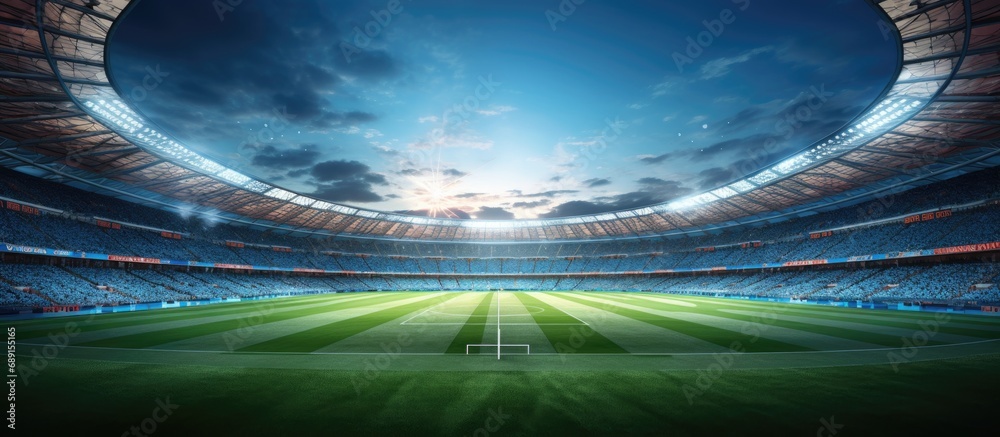 Crowded stadium anticipating a night game on a lush field Sports venue 3D backdrop Copy space image Place for adding text or design - obrazy, fototapety, plakaty 