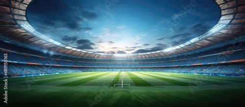 Crowded stadium anticipating a night game on a lush field Sports venue 3D backdrop Copy space image Place for adding text or design photo