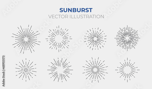 Sunburst Vector illustration. Sunburst set gold style isolated on white background for logo, tag, stamp, t shirt, banner, emblem. Vector Illustration 