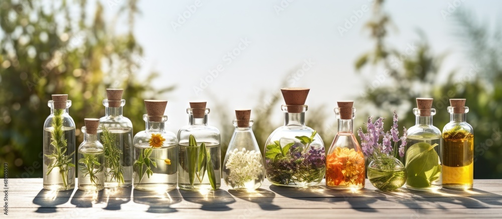 Herbal and floral elements for wellness natural oils alternative medicine aromatherapy homemade plant cosmetics Copy space image Place for adding text or design - obrazy, fototapety, plakaty 
