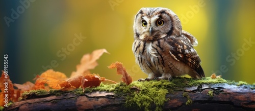 Eurasian scops owl perched on mossy stump in autumn forest Copy space image Place for adding text or design © vxnaghiyev