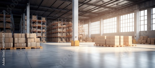 Distribution center or retail warehouse part of storage and shipping system Contains shelves with packaged boxes open areas and concrete floor Visualized in 3D rendering Copy space image Place