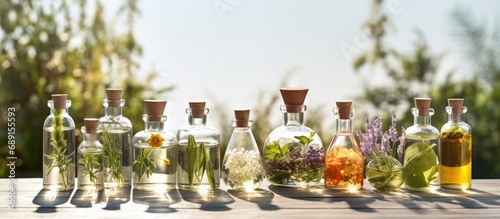 Herbal and floral elements for wellness natural oils alternative medicine aromatherapy homemade plant cosmetics Copy space image Place for adding text or design