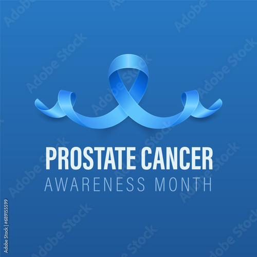 Prostate Cancer Banner, Card, Placard with Vector 3d Realistic Blue Ribbon on Blue Background. Prostate Cancer Awareness Month Symbol Closeup, September. World Prostate Cancer Day Concept
