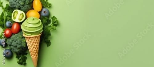 Ice cream cone topped with fresh vegetables and lemon presented in a flat lay style Copy space image Place for adding text or design