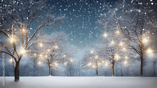 Árvores com luzes de natal na paisagem de inverno copiam o espaço photo